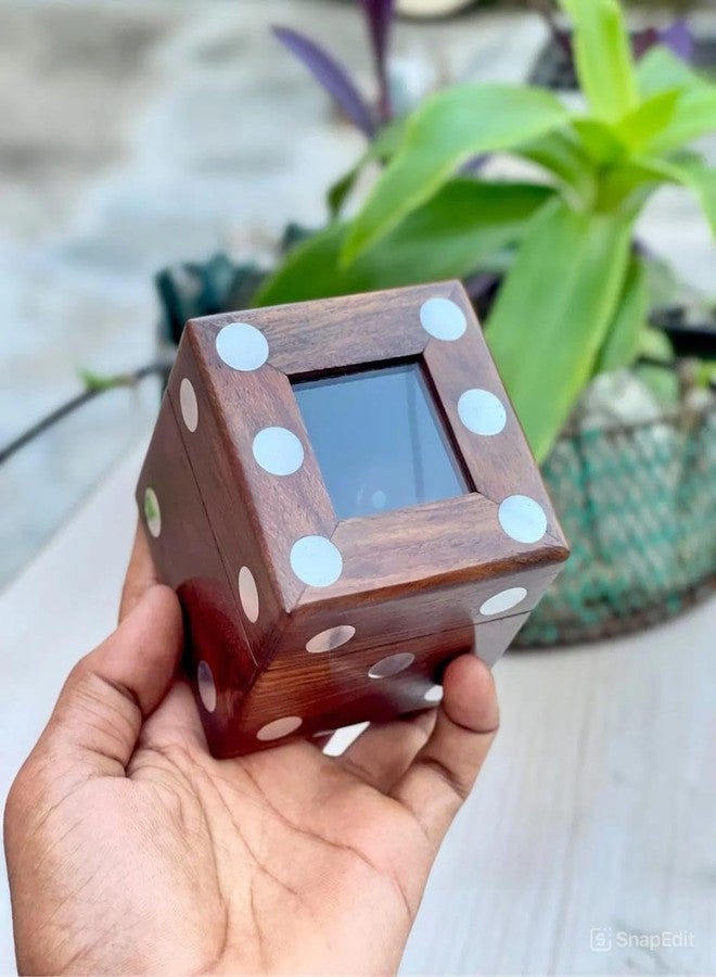 Timber Revival Co Sheesham Wood Dice Box with Aluminium Inlay - 3 x 3 x 3 in Cube - Includes 5 Wooden Dice - Handcrafted Ludo & Board Game Set, Natural Polished Finish - Image 3